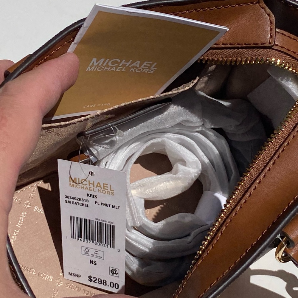 NWT MICHAEL KORS Kris Crossbody Monogram Satchel in Brown and Tan - Picture 7 of 10